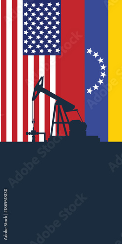 Oil rig pumpjack background. American and Venezuelan petroleum industry. united states of america flag and venezuela flag