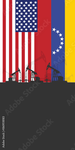 Oil rig pumpjack background. American and Venezuelan petroleum industry. united states of america flag and venezuela flag