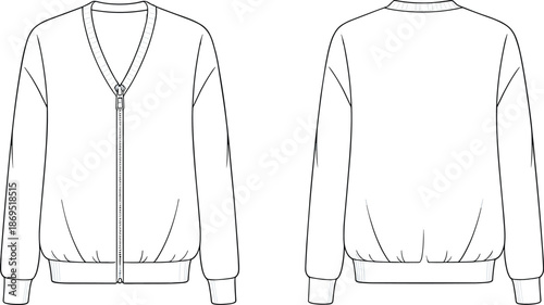 Cardigan fashion design, technical flat sketch, vector illustration, zip up jacket, ribbed cuffs, waistband, V neck, relaxed fit CAD drawing