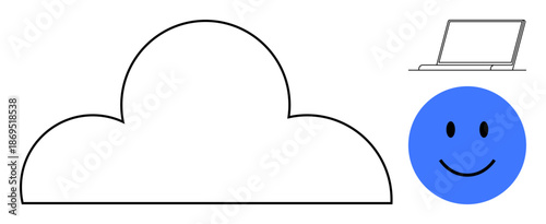 Cloud computing concept. Cloud symbol with laptop and happy face highlighting connectivity, data storage, and positive experiences. Cloud computing for IT systems, digital storage, education