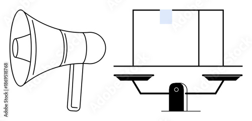 Communication, justice, decision-making, legal balance, equality, public announcements. Loudspeaker and balance scale in minimalist outline style. Communication and justice symbolism