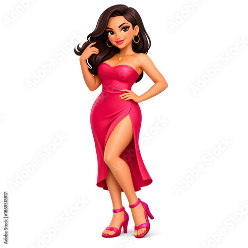 Woman with Long Brown Hair Wearing  Pink Dress With Thigh High Slit And Pink Heels And Gold Hoop Earrings