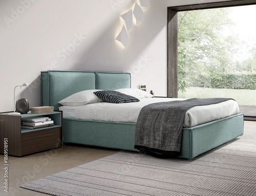 Modern luxury bedroom interior in minimal scandinavian style, 3d render
