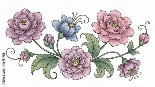 Elegant hand-drawn floral arrangement illustration with pink, purple, and blue flowers and green leaves on an isolated white background.