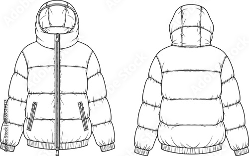 Hooded puffer jacket technical fashion illustration, front and back view, winter outerwear design, apparel cad drawing flat vector illustration template