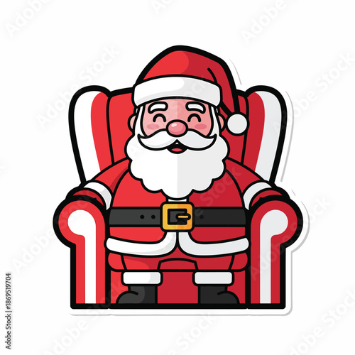 A cheerful cartoon Santa Claus sitting in a red armchair