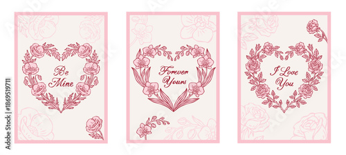 Valentine’s Day cards set featuring vector romantic floral heart frames with roses, orchids, and poppies, decorated lettering, elegant vintage designs for weddings, love, and stationery
