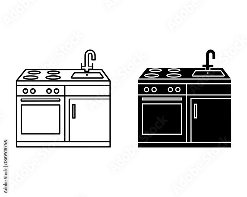 Black and white kitchen stove with sink and oven faucet