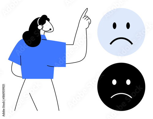 Emotion concept. Emotion with sad face icons and a thoughtful gesture. Emotion in human behavior, mental health awareness, communication, and social interactions. For education, therapy, workplaces