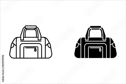 Two black and white duffel bags with handles and zippers