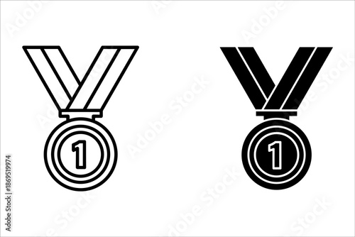 Two black and white first place medals with ribbons and number one on them