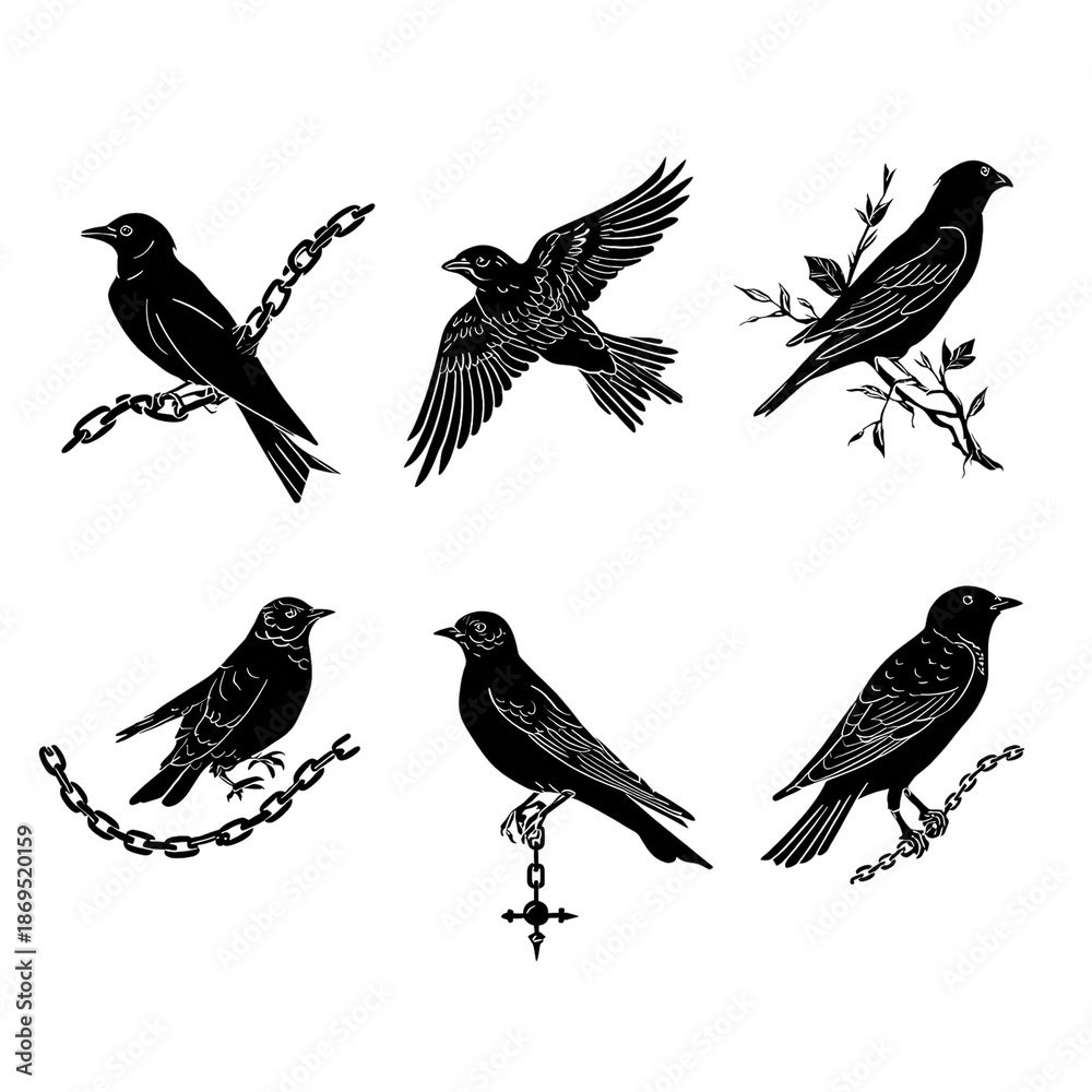Obraz premium Set of 5 black raven silhouettes with chains, wings, branches and cross pendant isolated PNG with Transparent Background