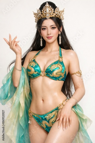 Asian Woman Wearing Phoenix and Dragon Pattern Bikini with Ornate Gold Crown
