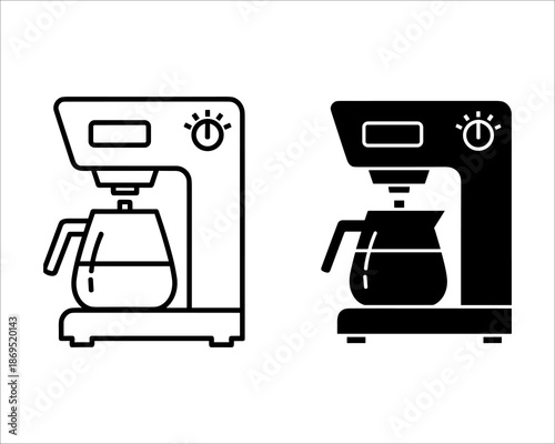 Two coffee makers with carafes and control knobs in black and white line