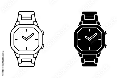Two digital wristwatches with black and white color schemes and analog display timepiece octagonal face