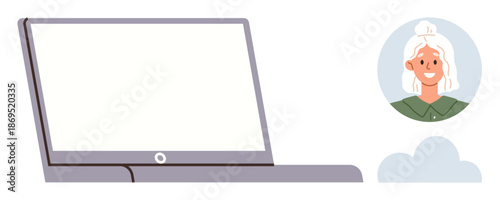 Digital learning, telecommuting, remote work, video calls, virtual meetings, technology communication. Laptop next to a smiling avatar icon. Remote work and video calls concept