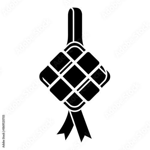 Abstract ketupat logo formed from four interlocking black shapes in a minimalist geometric flat vector style on a clean white background, ideal for modern Ramadan and Eid branding.