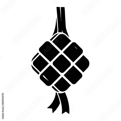 Abstract ketupat logo formed from four interlocking black shapes in a minimalist geometric flat vector style on a clean white background, ideal for modern Ramadan and Eid branding.