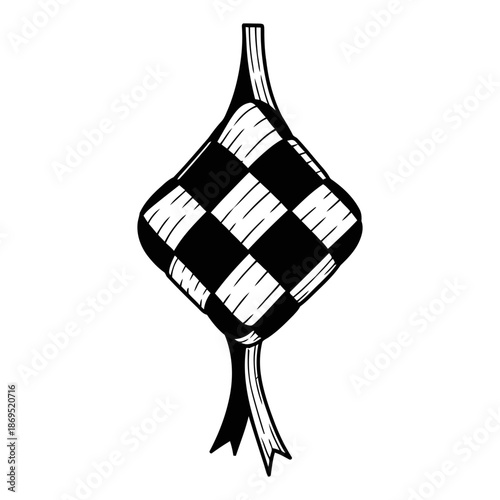 Abstract ketupat logo formed from four interlocking black shapes in a minimalist geometric flat vector style on a clean white background, ideal for modern Ramadan and Eid branding.