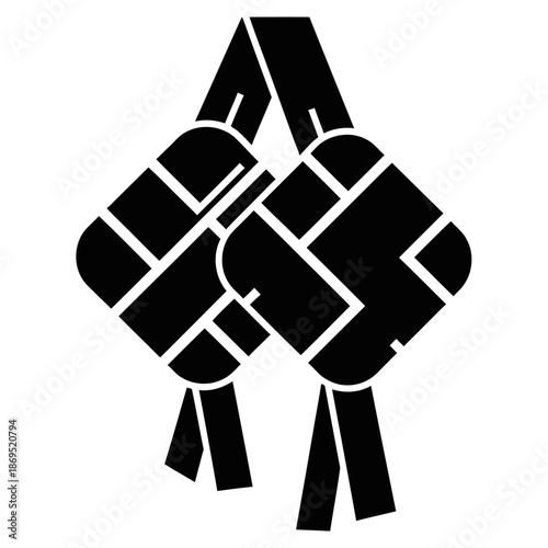 Abstract ketupat logo formed from four interlocking black shapes in a minimalist geometric flat vector style on a clean white background, ideal for modern Ramadan and Eid branding.