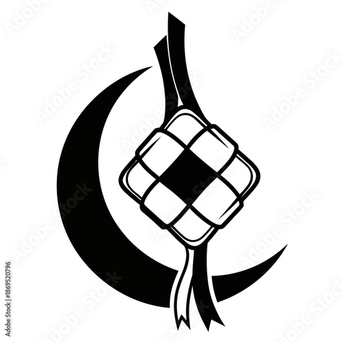 Abstract ketupat logo formed from four interlocking black shapes in a minimalist geometric flat vector style on a clean white background, ideal for modern Ramadan and Eid branding.