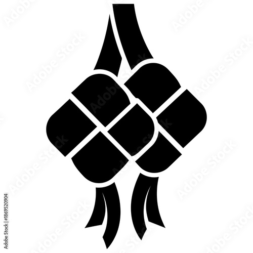 Abstract ketupat logo formed from four interlocking black shapes in a minimalist geometric flat vector style on a clean white background, ideal for modern Ramadan and Eid branding.