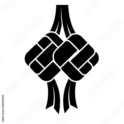 Abstract ketupat logo formed from four interlocking black shapes in a minimalist geometric flat vector style on a clean white background, ideal for modern Ramadan and Eid branding.