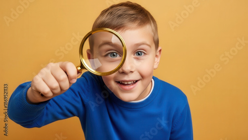Caucasian boy holding magnifying glass with excitement, exploration and curiosity in education