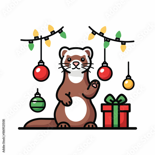 A cartoon ferret surrounded by Christmas decorations