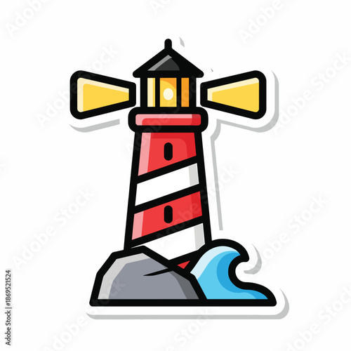A cartoon lighthouse with red and white stripes