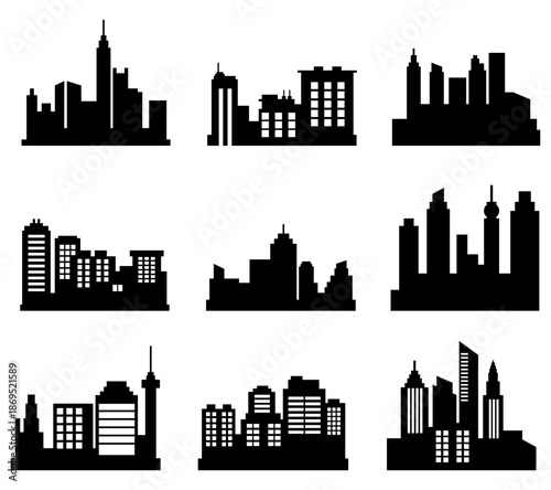 Set of nine black city skyline silhouettes in various architectural designs, representing urban landscapes and metropolitan environments