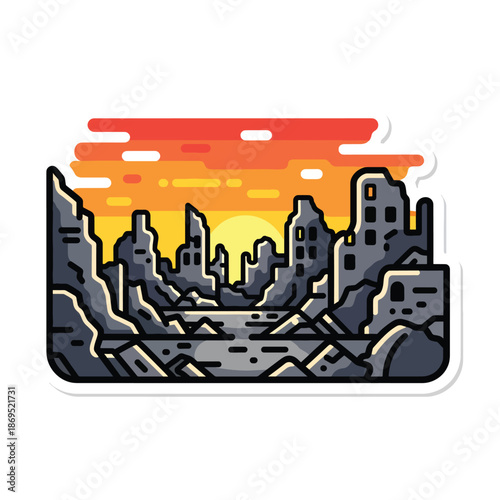 A cityscape at sunset with ruins