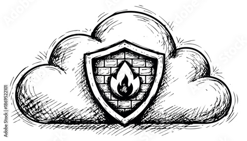 Hand drawn line art illustration of a cloud and a firewall shield icon depicting digital security for network protection