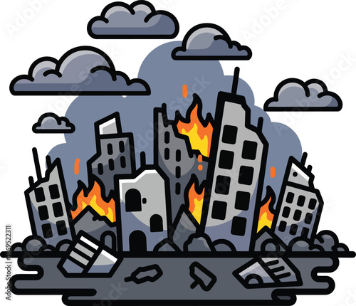 A cityscape with burning buildings