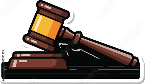 A cartoon gavel with a brown handle and head resting on a sound block