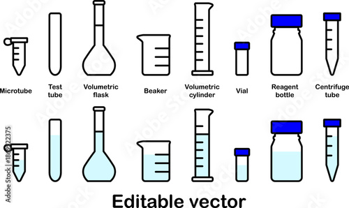 Editable transparent with liquid lab container icons: microtube, test tube, beaker, cylinder, flask, vial, reagent bottle, centrifuge tube