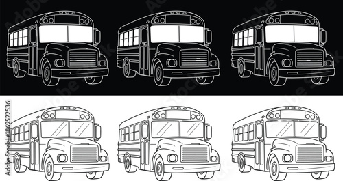Yellow School Bus Collection Vector Illustration with Linear Outlines and Solid Black Silhouettes for Student Transportation and Back to School Education Design Projects