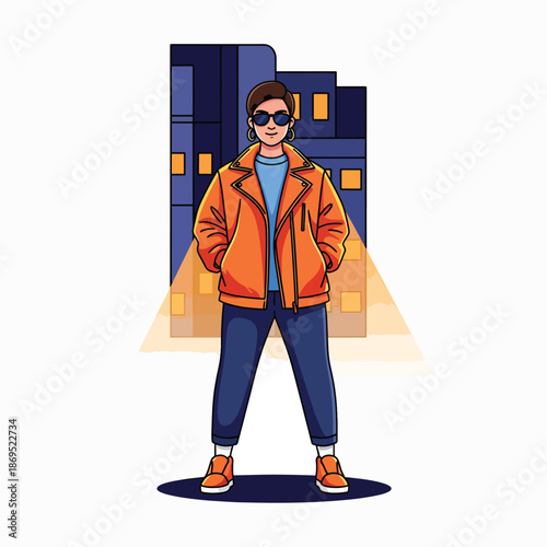 A cartoon man in an orange jacket and sunglasses