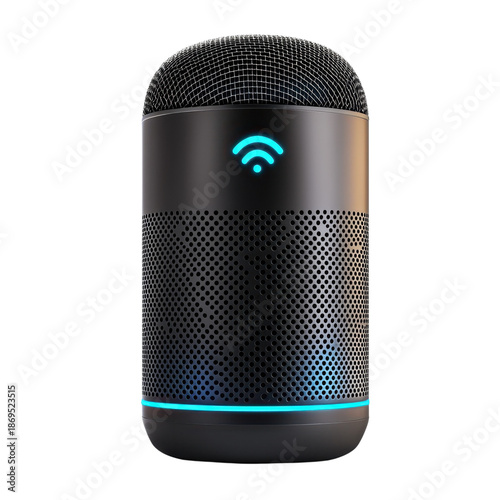 Portable Bluetooth Speaker with Modern Design in Soft Blue Lighting on Matte Black Finish for Tech Advertising isolated on transparent background