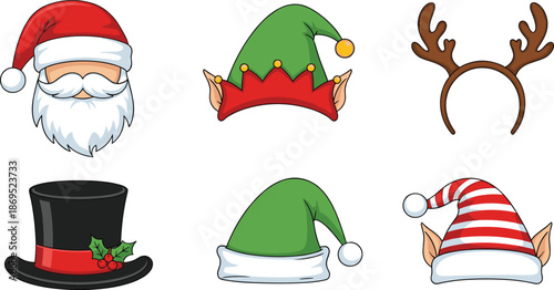 Christmas Holiday Hat Collection Featuring Santa Claus Beard Elf Hats Reindeer Antlers and Festive Headwear for Winter Season Photo Booth Props