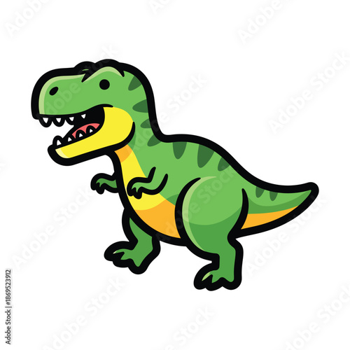 A cartoon-style green dinosaur with a yellow belly and sharp teeth