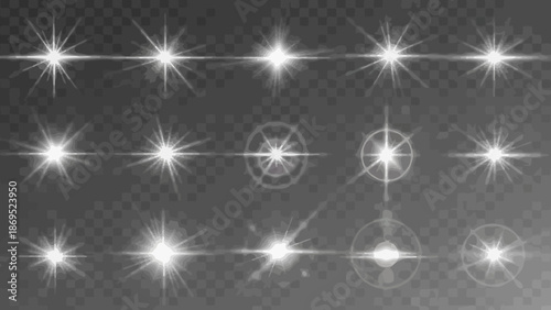 Collection of white lens flare effects on a transparent background for overlays 
