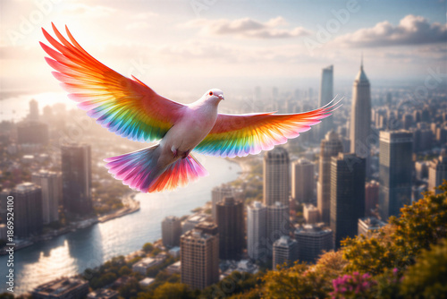 Rainbow dove flying above modern city skyline symbolizing diversity