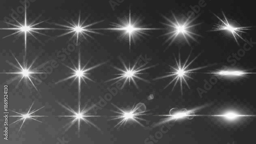 Collection of white lens flare effects on a transparent background for overlays 
