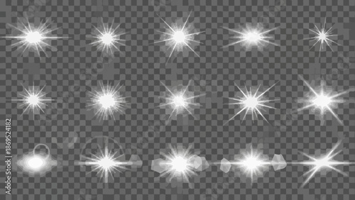 Collection of white lens flare effects on a transparent background for overlays 
