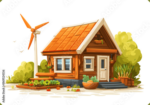 Vector illustration of a wooden eco house with solar panels and a wind turbine surrounded by plants and garden elements, sustainable living concept, isolated on a white background