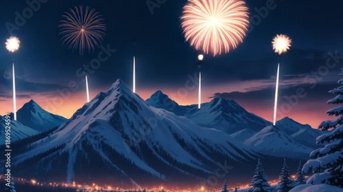 Breathtaking Snow-Capped Mountain Landscape with Vibrant Fireworks Display at Dusk Cinematic Isometric Visuals 4k hd video download