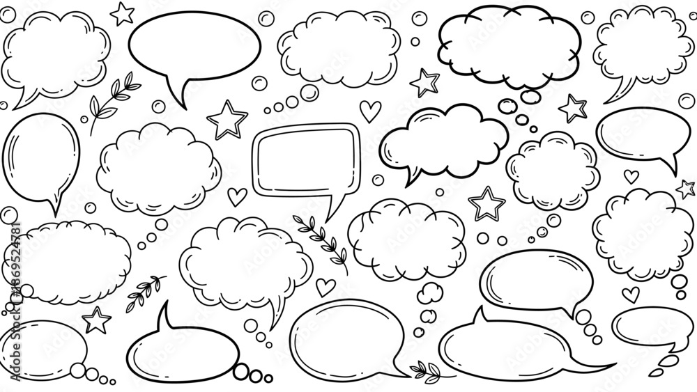 Fototapeta premium Hand drawn speech bubbles and thought bubbles in a doodle style illustration 