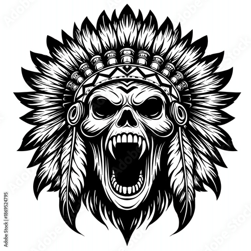 Black and white skull illustration wearing a feathered tribal headdress, aggressive expression with open mouth in bold tattoo-style line art.