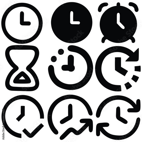 Hand-drawn cartoon set of clock icons on a white background.